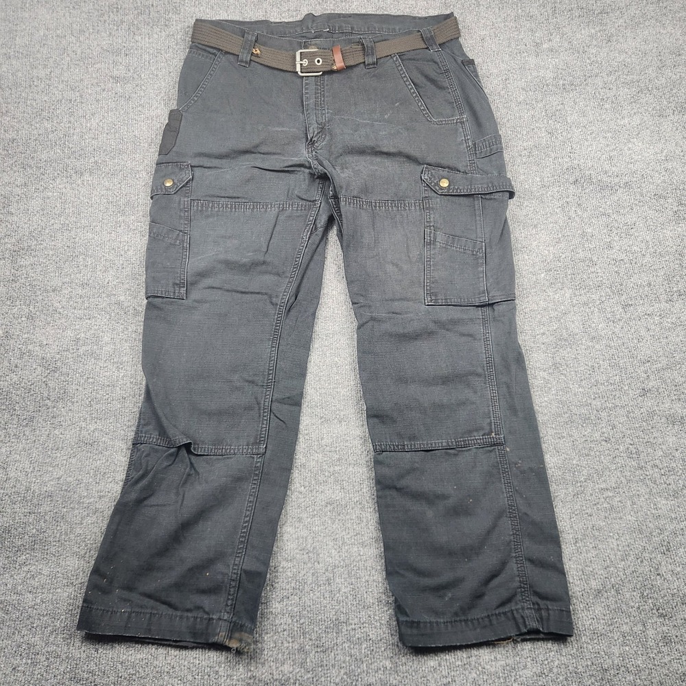 Mens Black Ripstop Double Knee Cargo Work Pants with Belt Relaxed Fit 35x29